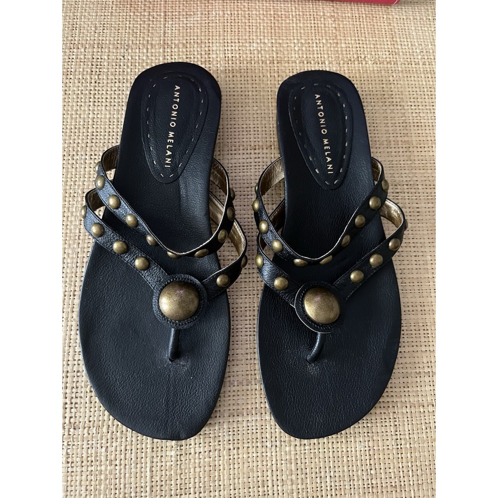 Antonio Melani Size 8M Leather Black Flip Flops Sandals